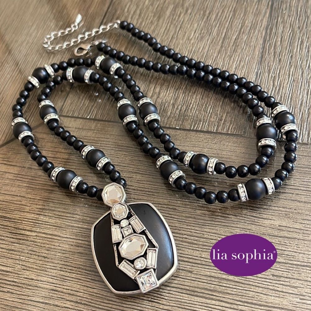 Lia Sophia “Toni Ann” Cut Crystal/Black Beads Silver Tone Long Necklace